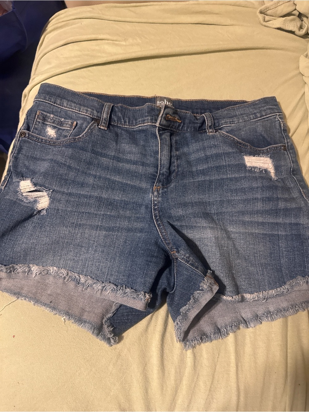 Soho Women's Frayed Hem Distressed Jean Shorts - Blue